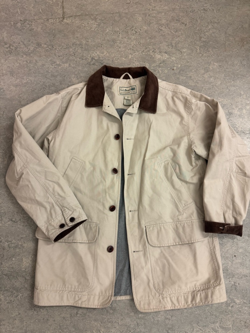 L.L. Bean Beige Cotton Field Jacket with Brown Corduroy Collar Medium